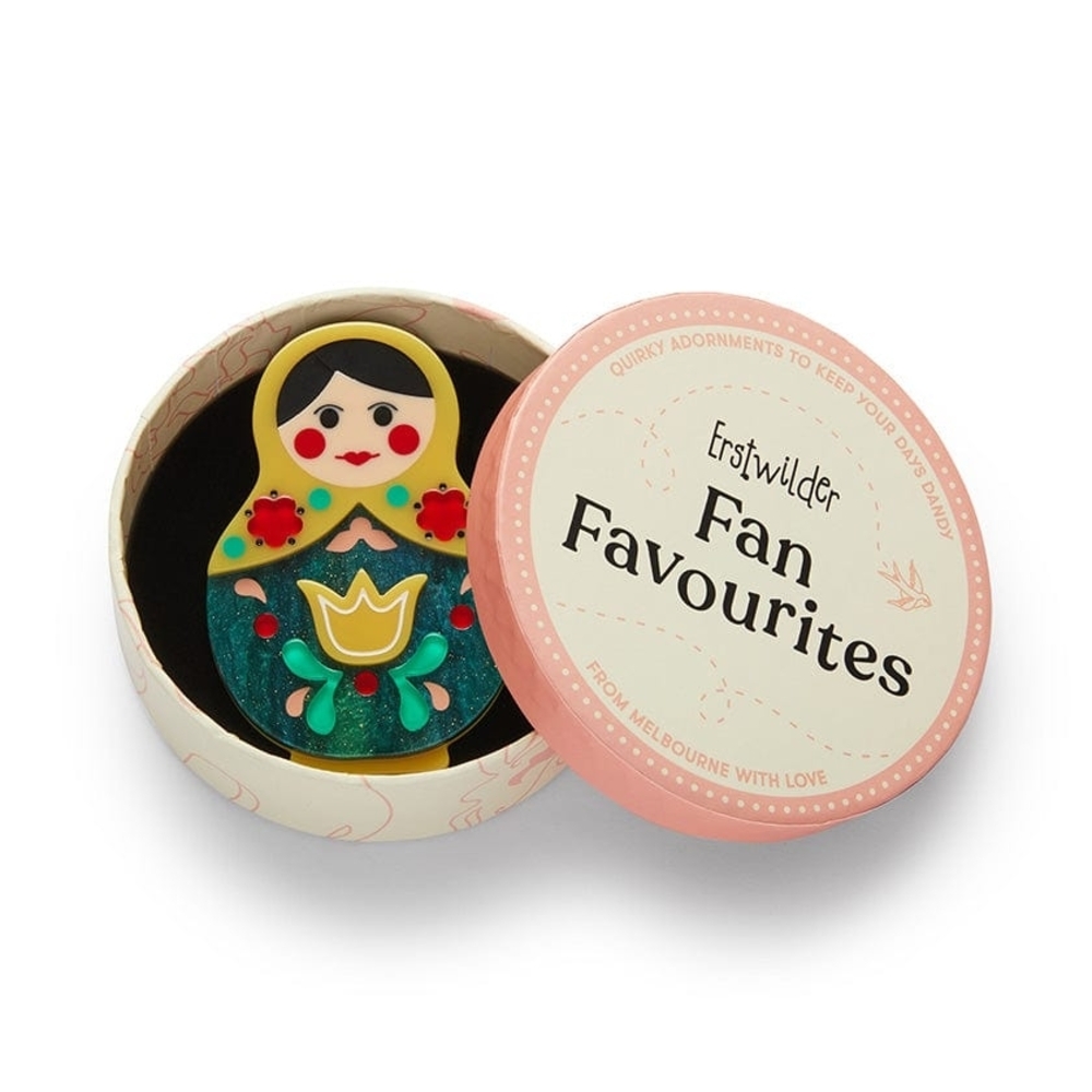 Erstwilder Matryoshka Doll Brooch - Green and Red. Matryoshka Memories Toy